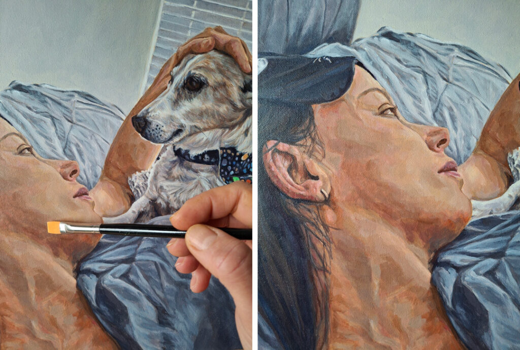 detail adding to a painting of woman and dog
