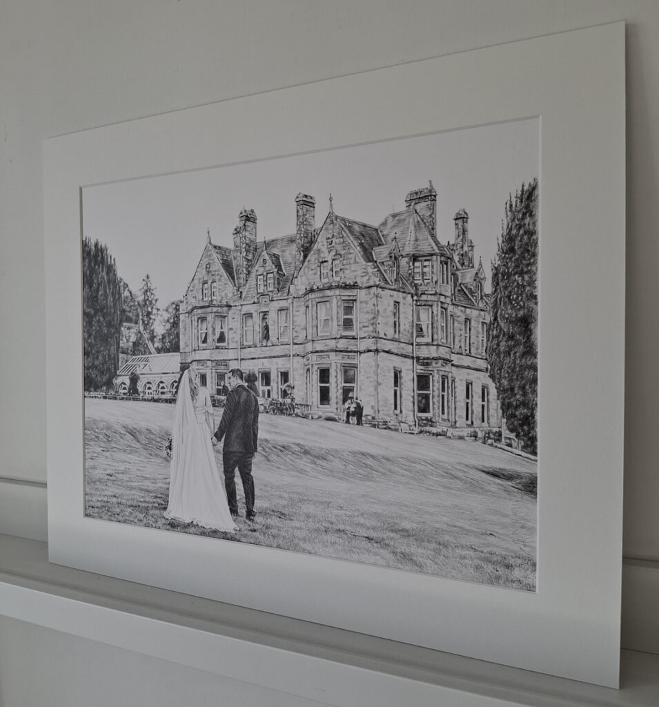 mounted wedding portrait drawing of castle leslie