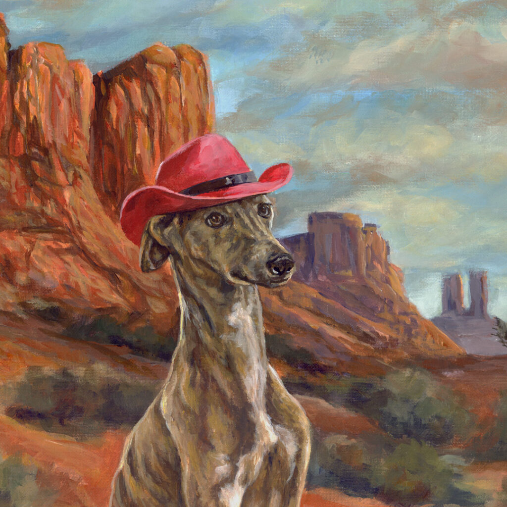 whippet with a western themed monument valley painting portrait
