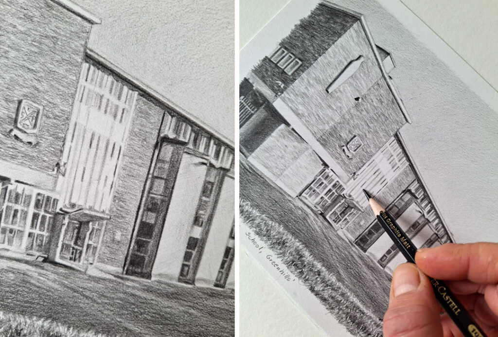school building drawing in detail with graphite pencil