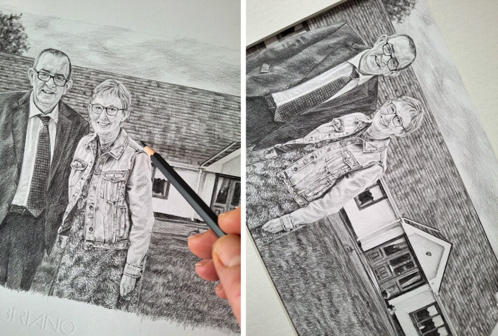 artist drawing couple portrait with their house