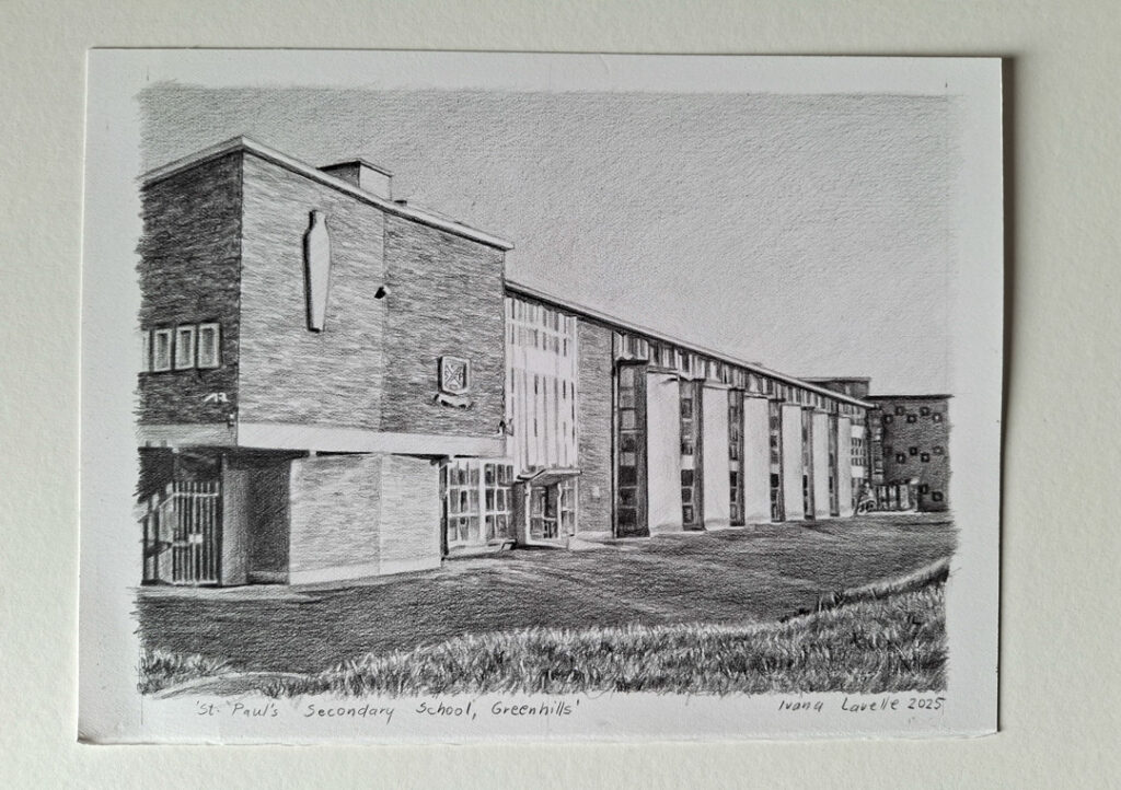 finished school building drawing from photo on paper