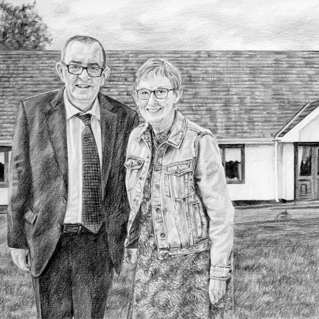 elderly couple portrait drawing on paper from photo