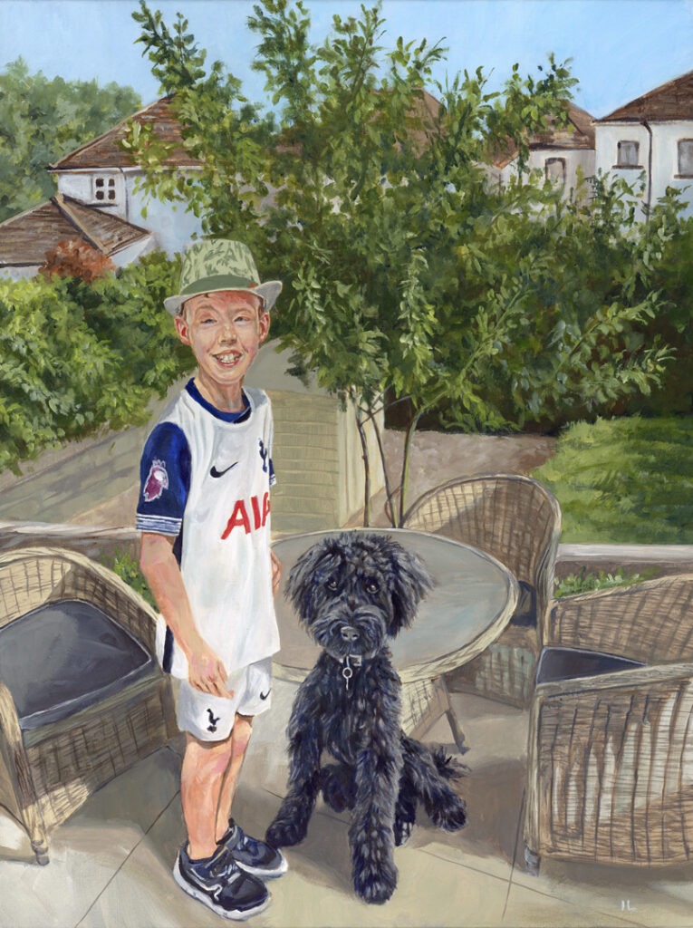 detail of a painting of smiling boy with dog