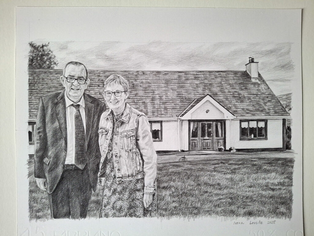 pencil drawing on paper of a married couple outside their countryside house