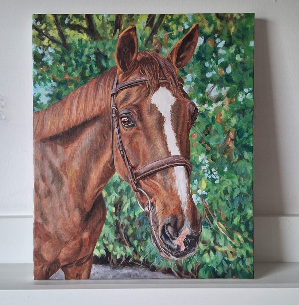 equine acrylic portrait painting of a bay horse on canvas