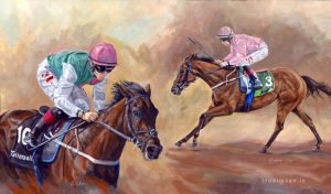 two racing horses and jockeys