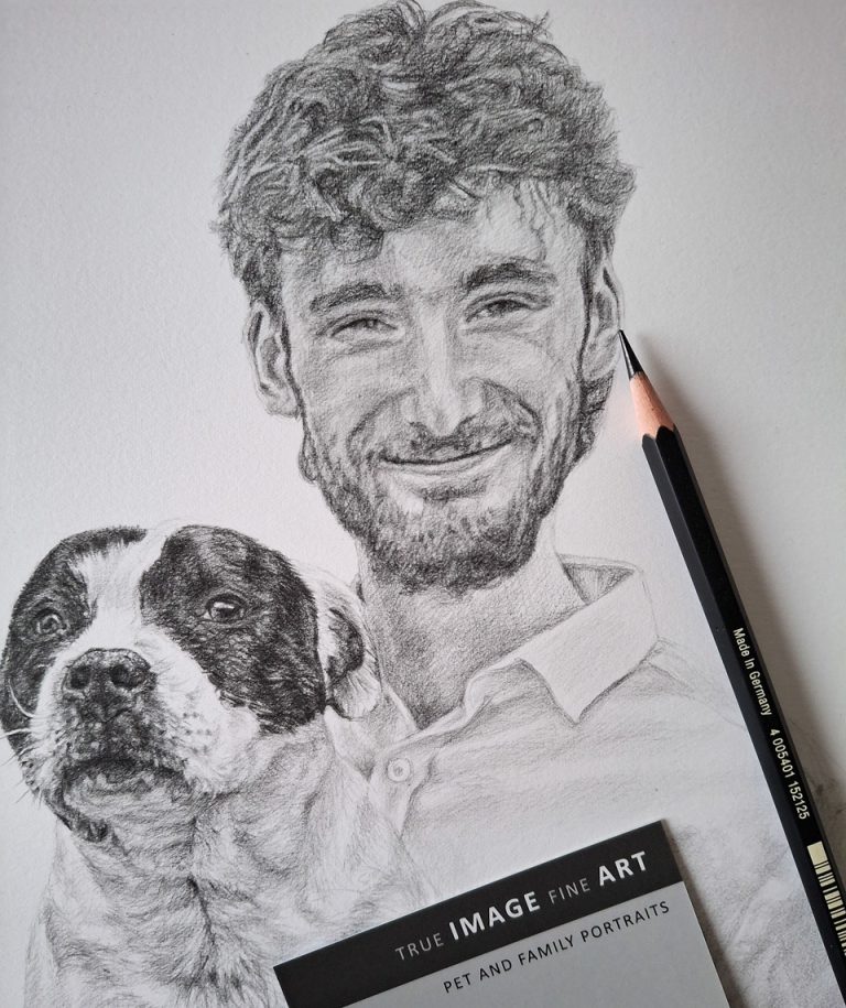 the finished drawing of a young man and his dog