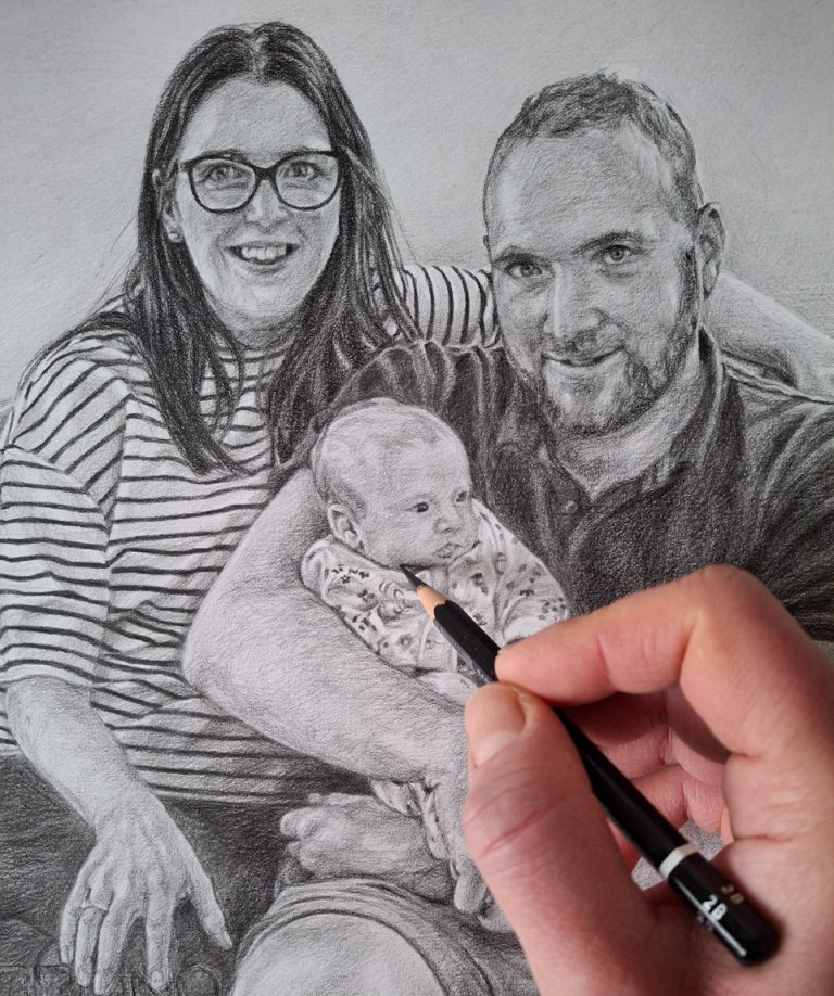 artist adding detail to a family pencil sketch with staedtler lumograph black pencil
