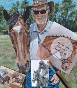 finished portrait painting of a man and horse with business cards from artist