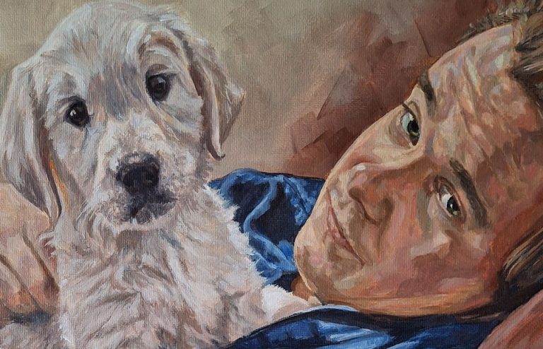 close up photo of a painted portrait of a white puppy dog and owner