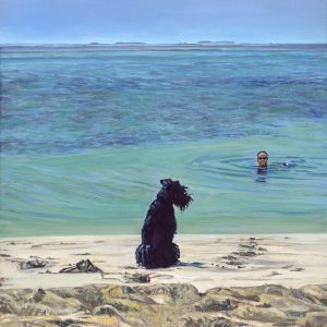 close up view of an acrylic dog and owner portrait painting on canvas