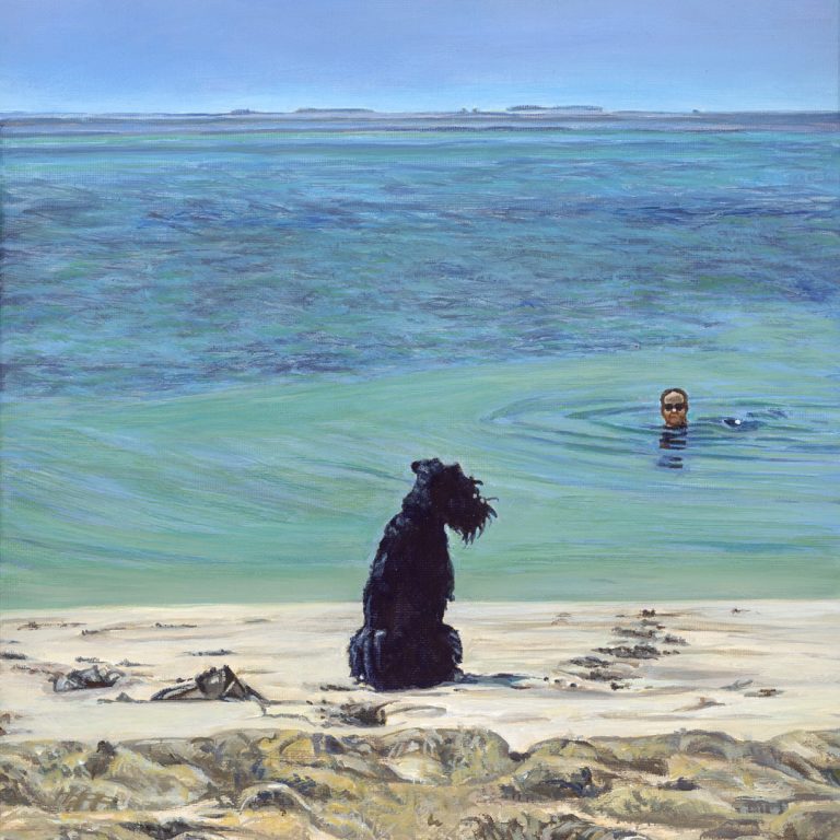 close up view of an acrylic dog and owner portrait painting on canvas