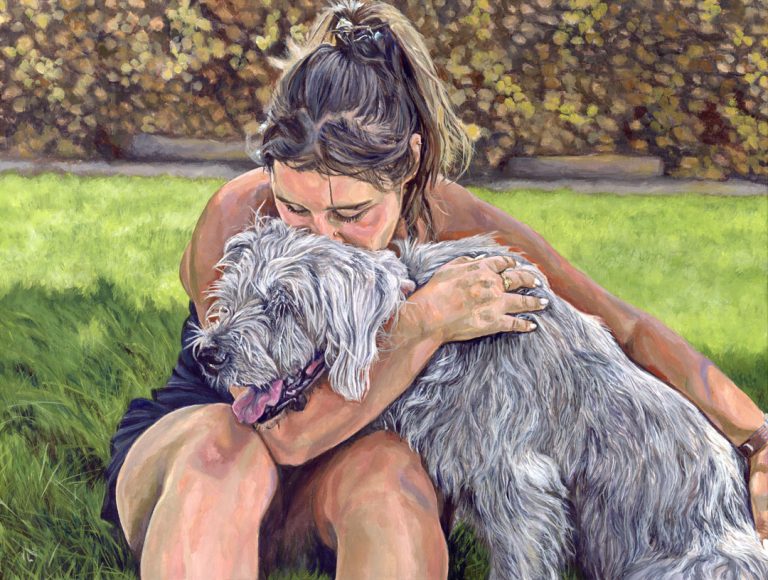 girl hugging her dog portrait painting in acrylic