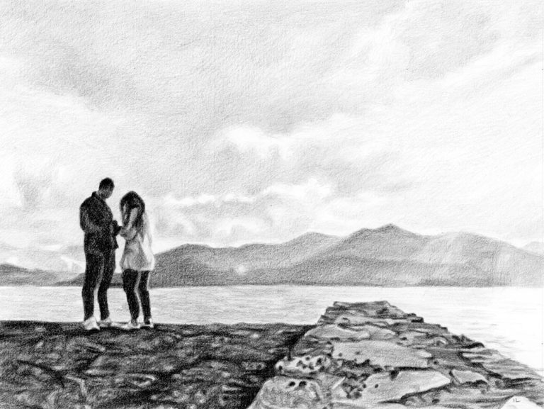 pencil sketch of a couple's engagement in kerry mountains
