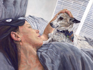 acrylic painting of a woman petting a jack russell dog