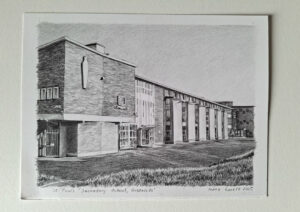 finished school building drawing from photo on paper