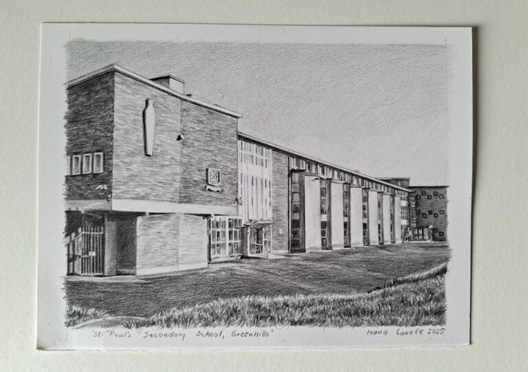finished school building drawing from photo on paper