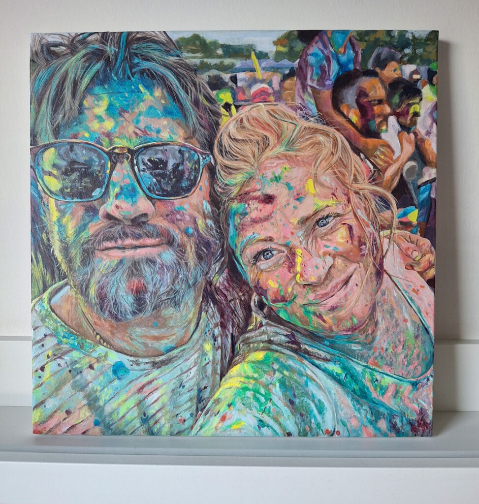 canvas portrait painting of a happy couple