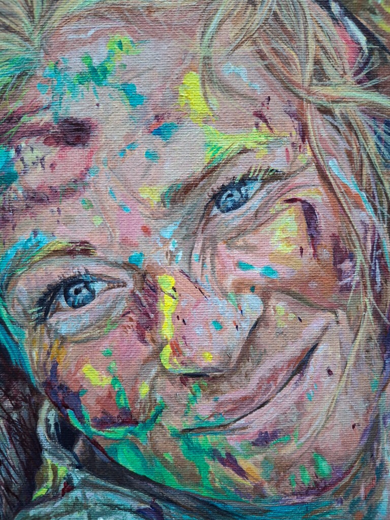detail of a painted portrait of a smiling woman