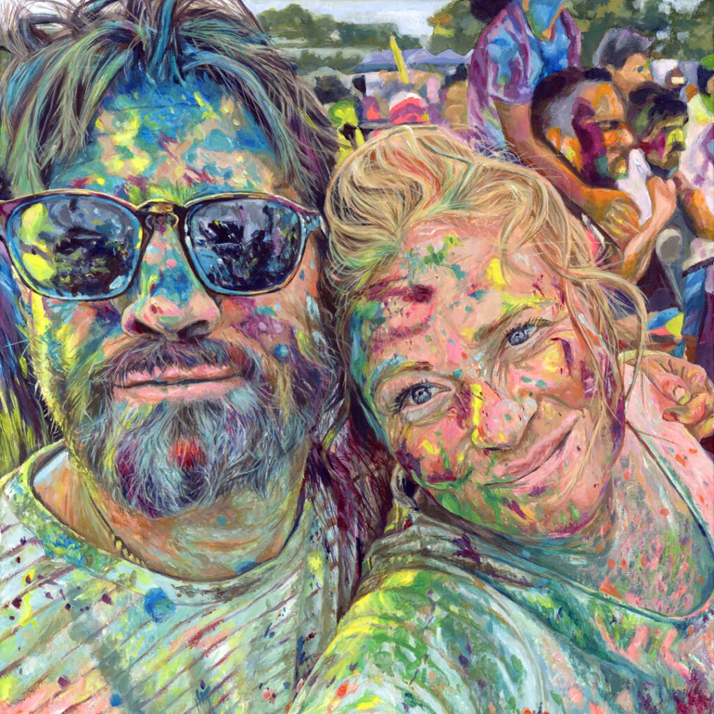commissioned portrait painting of a smiling couple selfie