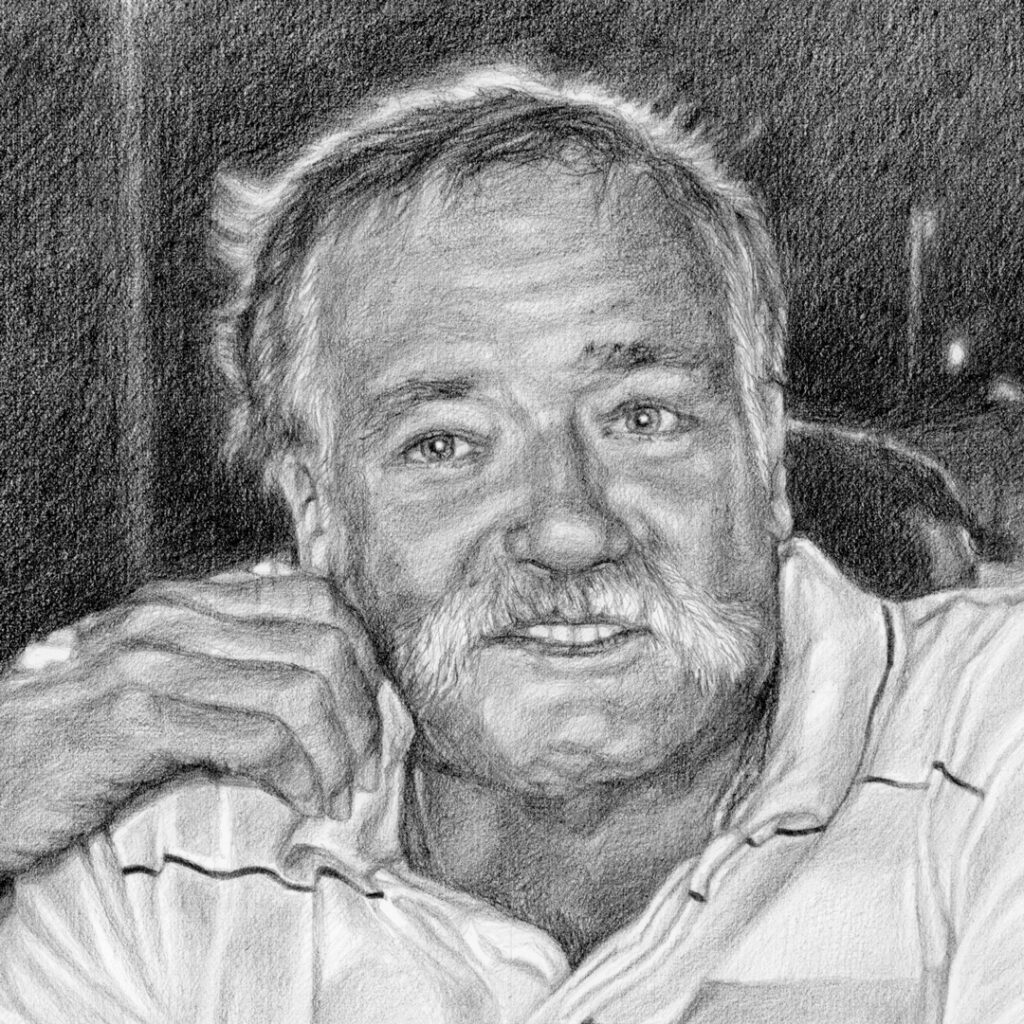 close-up image of a pencil drawing of a smiling man with hand to his face