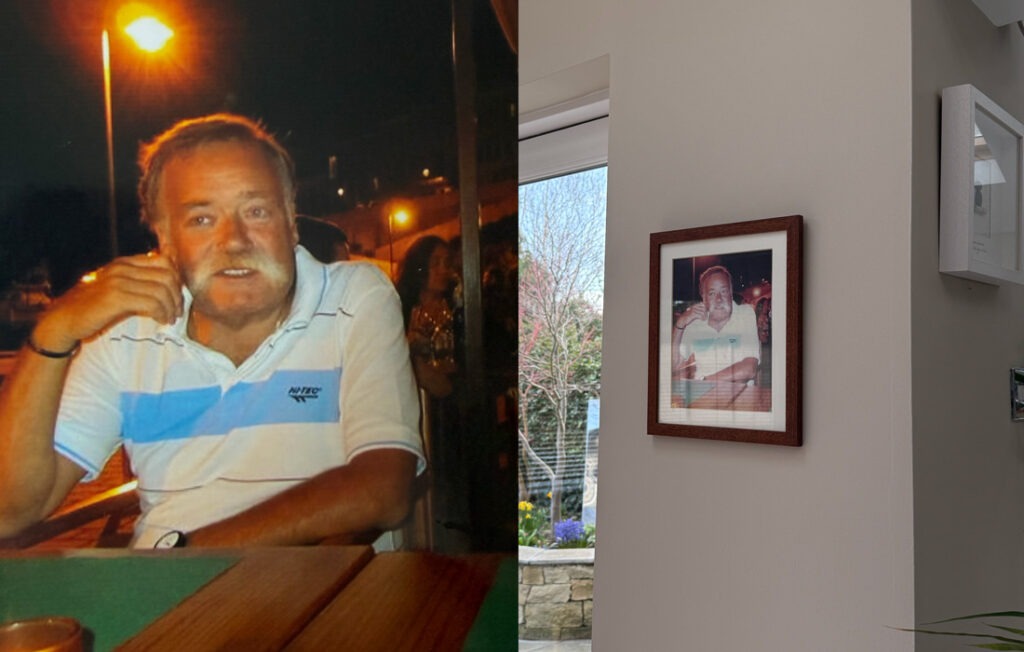 photographs showing a reference for a man portrait and the hanging spot