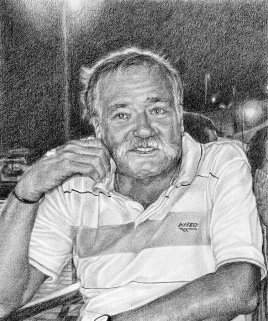 black and white pencil sketch of an older man smiling and sitting outdoors at nighttime