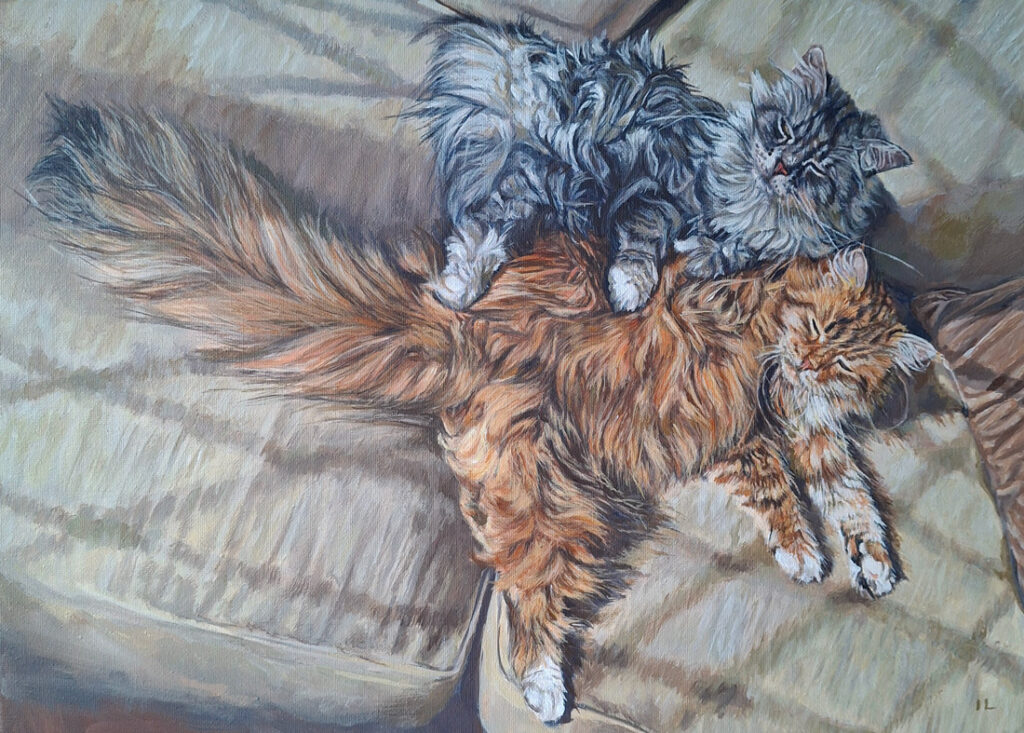 final step in a painting process of two cats lying in the sun from photo