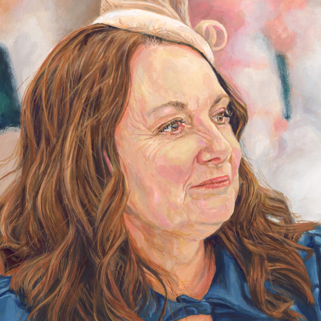 portrait painting detail of a smiling lady wearing a fascinator hat at a wedding