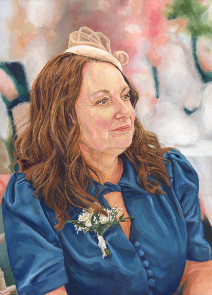 acrylic painting of a smiling lady in a blue dress with a fascinator by a portrait artist