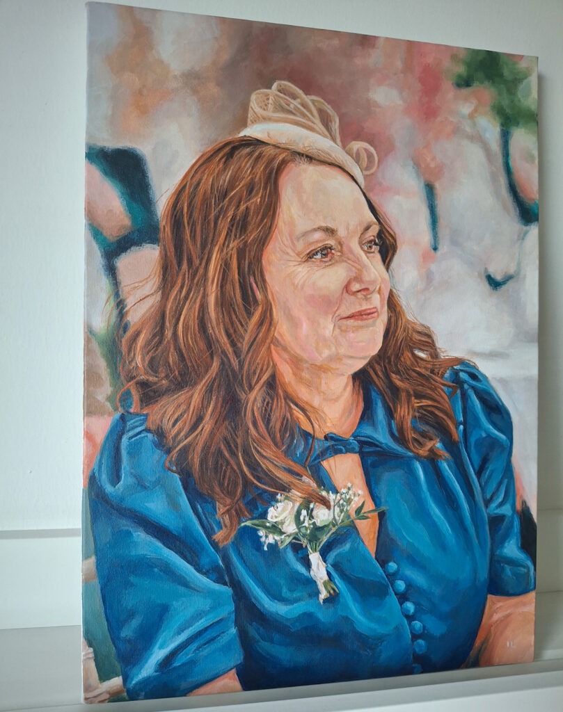 commissioned portrait painting of a happy woman at a wedding