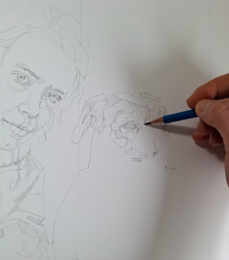portrait artist sketching girl and dog from photo