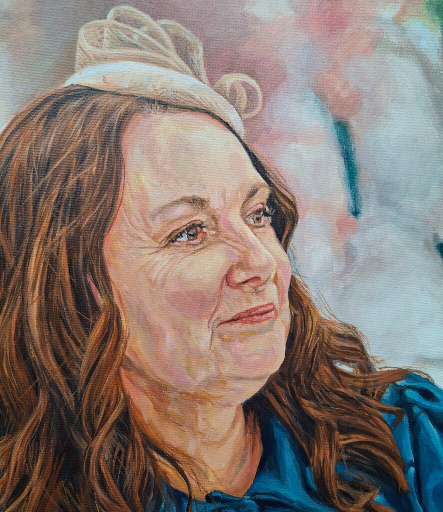 close up of the canvas showing the texture of the portrait painting
