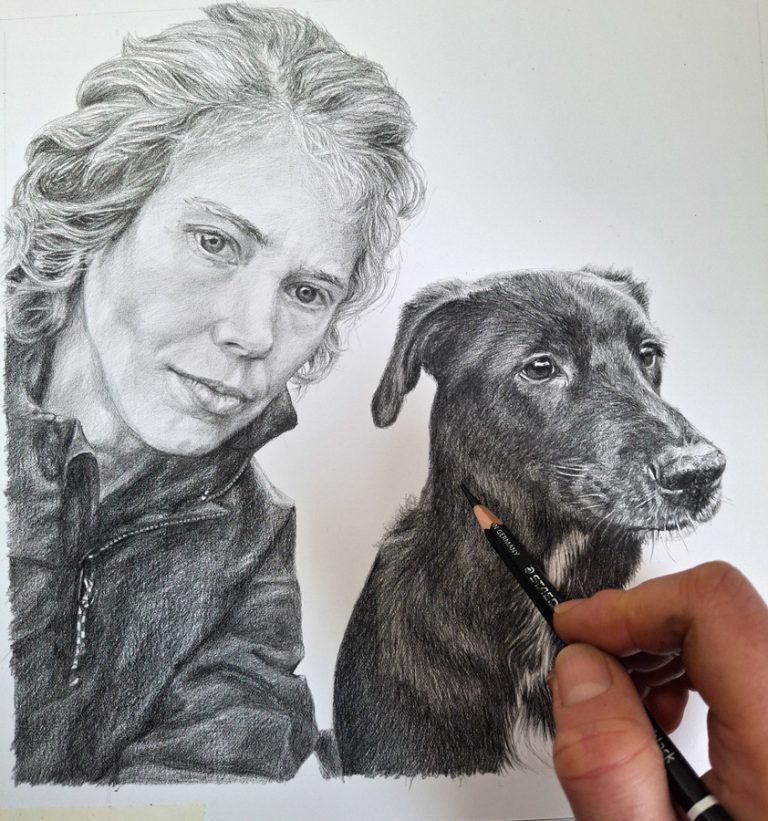 photo of artist hand completing a portrait drawing