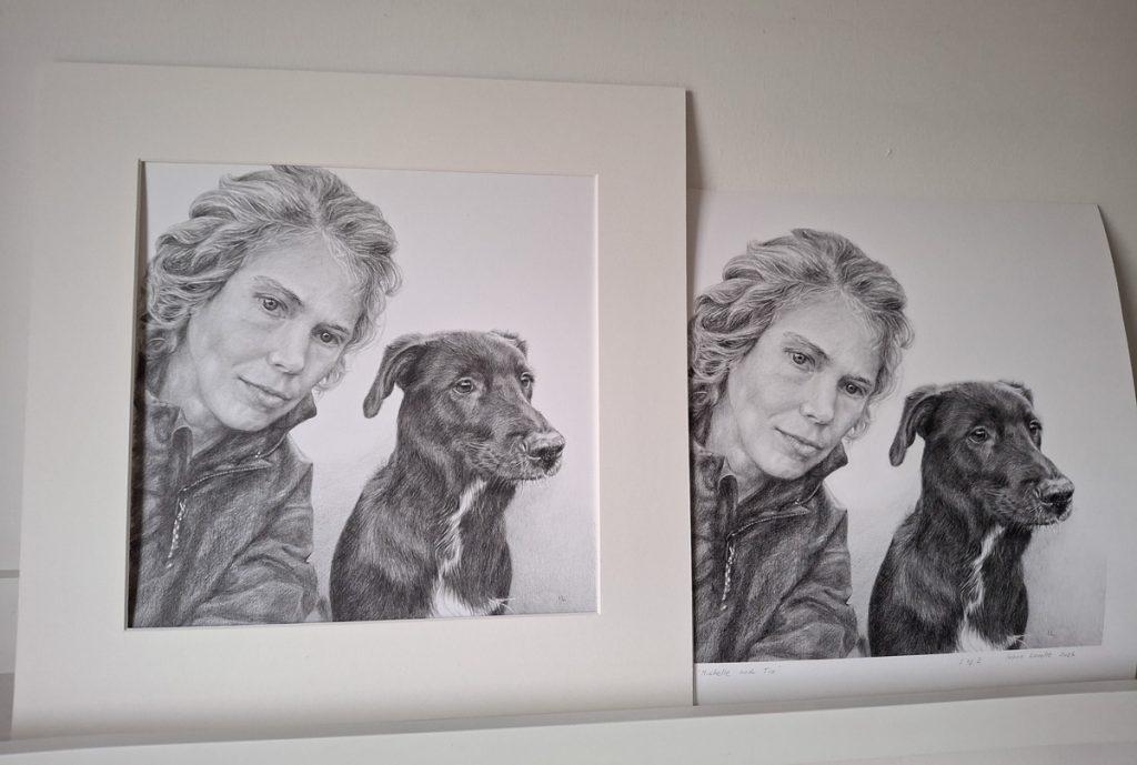 mounted original drawing and print in artist studio