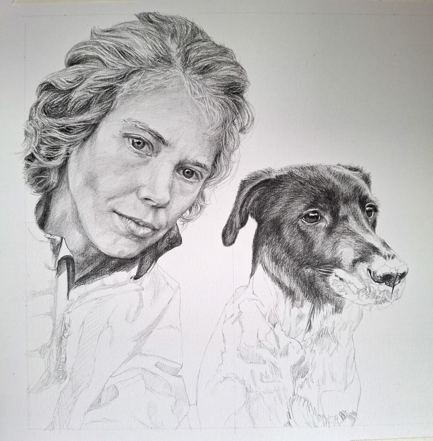 work progress photo of girl and dog shaded portrait