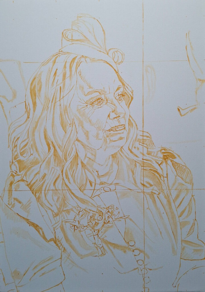 yellow paint line sketch of a smiling lady