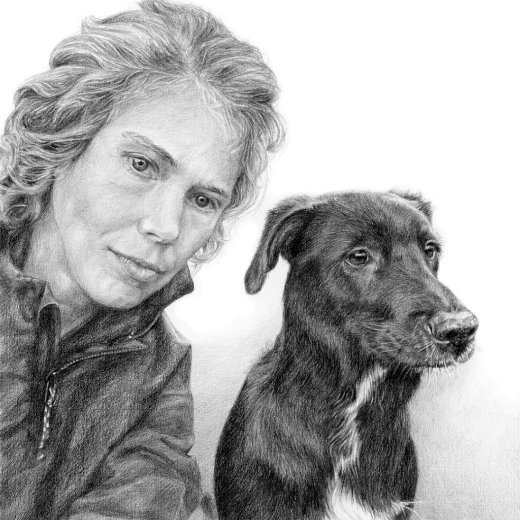 pencil portrait drawing from photo of a smiling girl and black labrador cross dog