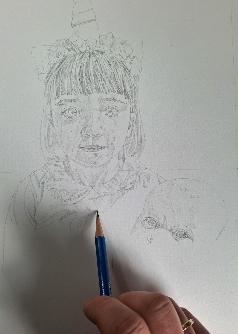 graphite pencil line sketch of a smiling young girl