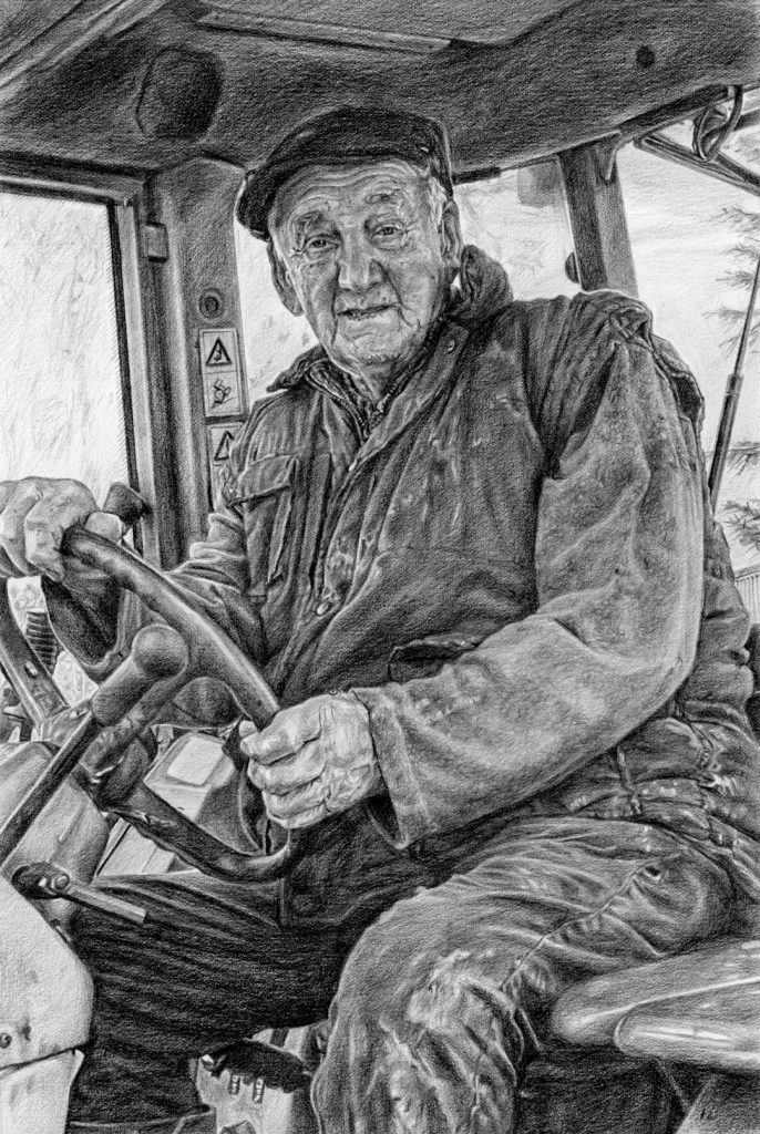 pencil portrait drawing of a smiling older man driving a tractor