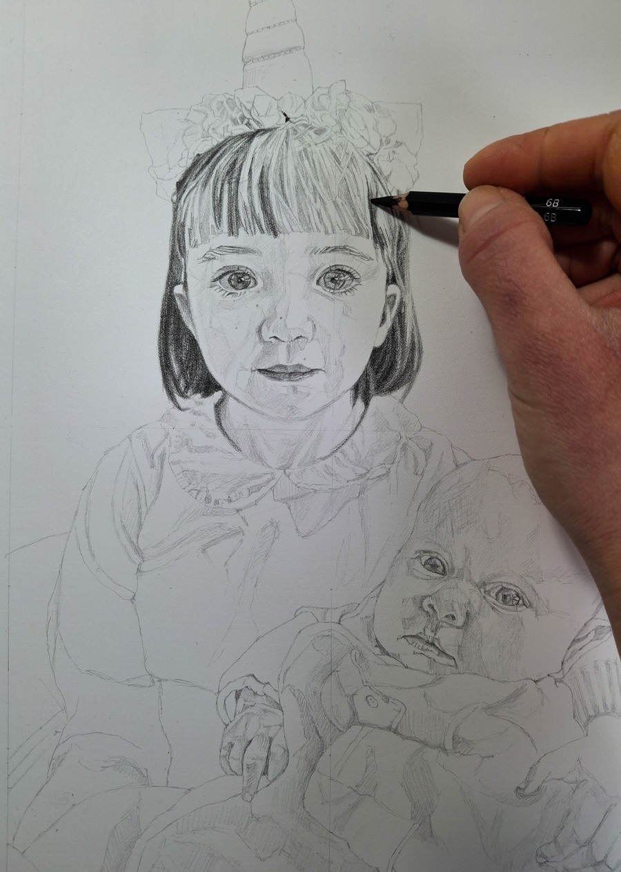 artist shading a portrait of a young girl