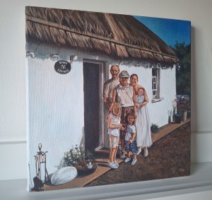 portrait painting on canvas of a family outside their thatched cottage