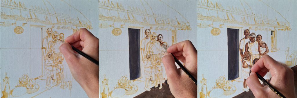 artist hand painting a family portrait on canvas