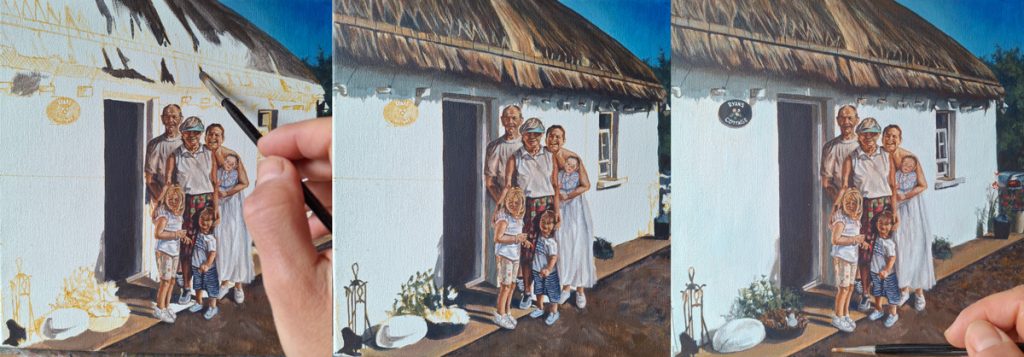 irish artist finalising a family portrait with irish cottage background